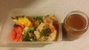 Sample bento box: a starch (rice, quinoa, buckwheat, millet, etc), a variety of delicious vegetables, and a soup! All raw or lightly cooked according to Macrobiotic principles.