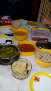 Home-cooked Indian spread - all gluten-free! Lots of curries and rice dishes.
