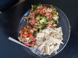Daisy's home-cooked food: vegan pad Thai, vegan pasta and marinara, vegan pasta with Alfredo sauce.  Recipes coming!