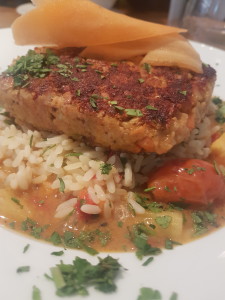 Lentil and cashew "steak" with rice and a mango sauce...