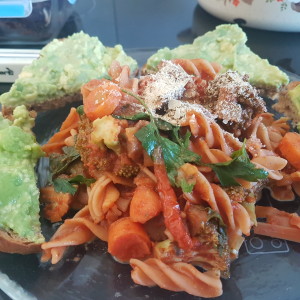 Saucy: Spiral lentil pasta with marinara sauce...